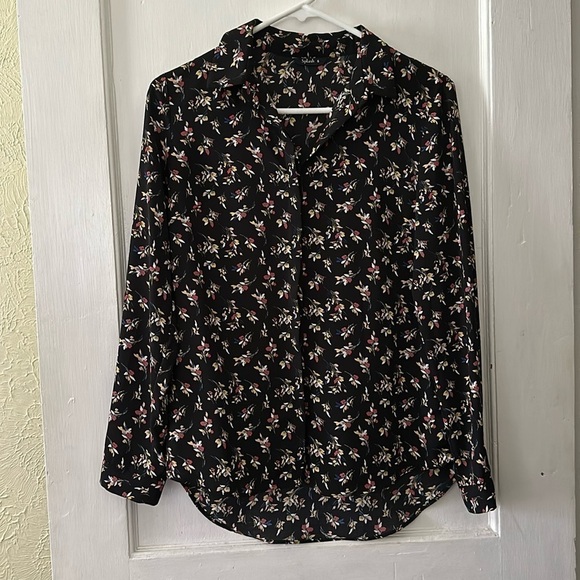 Splash Tops - Splash Boho Lightweight Black Floral Long Sleeve Button Down Blouse Top